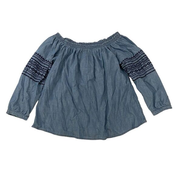 GAP Blue Chambray Off The Shoulder Smocked Embroidered Blouse Size M 3/4 Sleeve - Picture 1 of 11